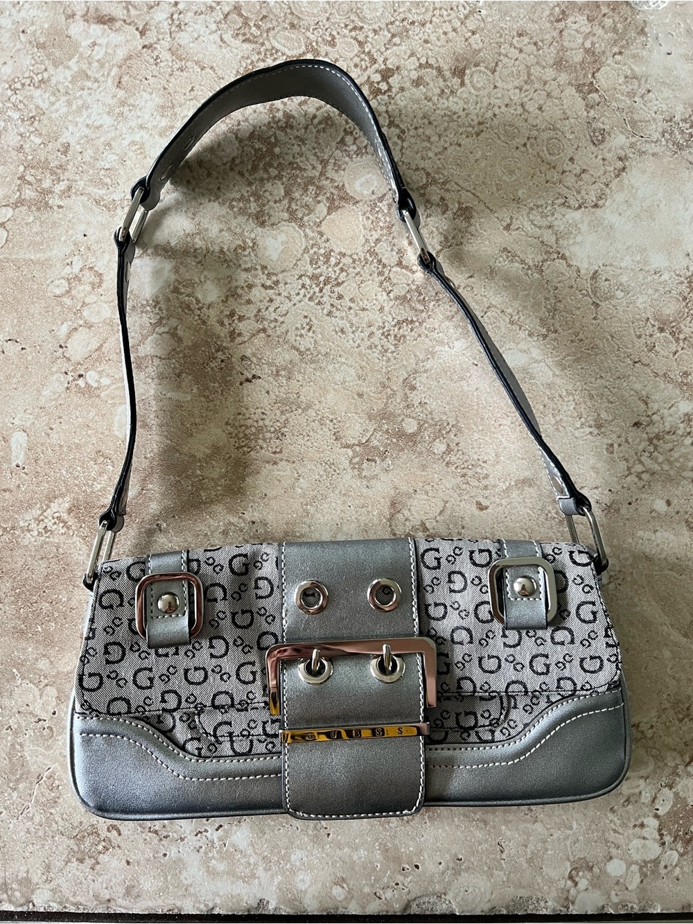 Guess Signature Metallic Silver Shoulder Bag